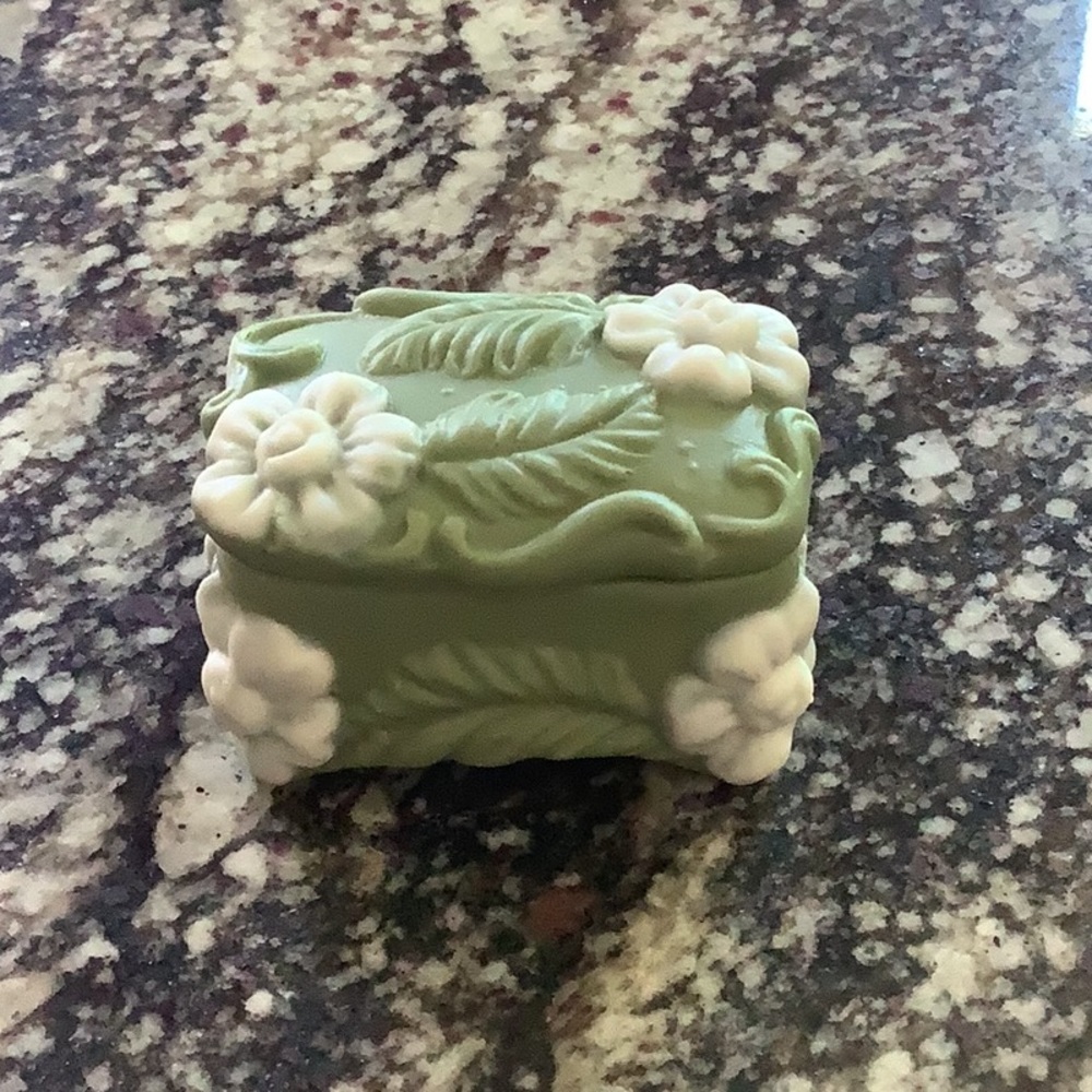 Vintage green porcelain bisque floral sage green trinket